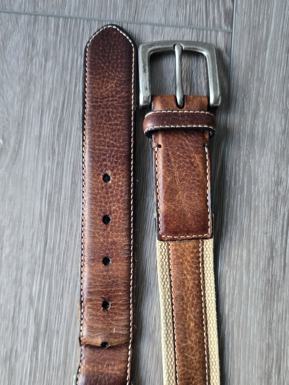 Mens Brown Leather Bass Canvas Belt Silver Buckle Preppy Capsule Wardrobe